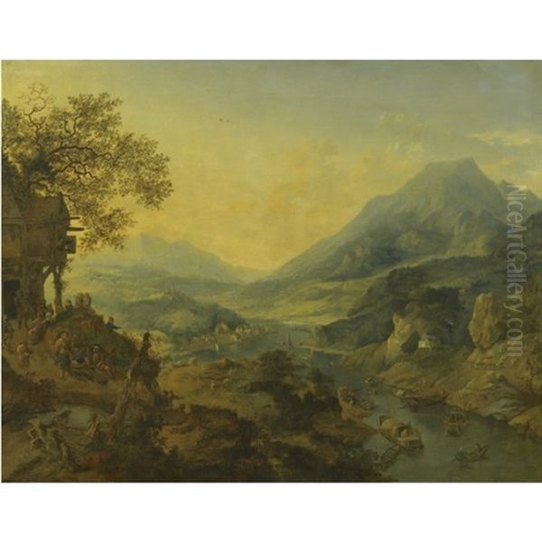 A Rhenish River Landscape With Peasants At A Hillside Inn, Shepherds And Haymakers Below, Mountains Beyond Oil Painting by Jan Griffier the Elder