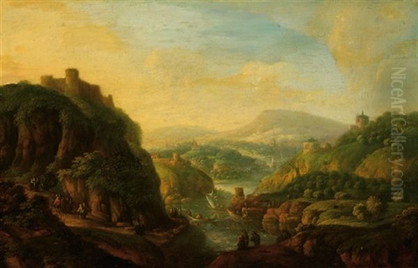 Multitude Of Figures In Mountainous Landscape Oil Painting by Jan Griffier the Elder