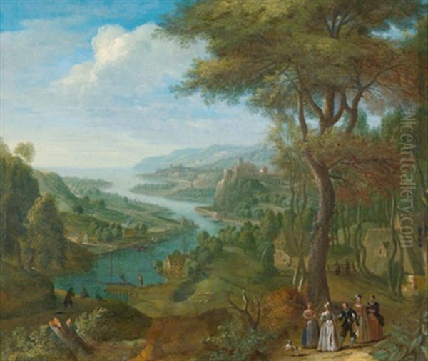 Bewaldete Fluslandschaft Mit Einer Burganlage Und Figuren Oil Painting by Jan Griffier the Elder