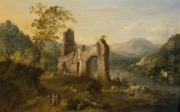 Promeneurs Pres Des Ruines D'un Temple Oil Painting by Jan Griffier the Elder