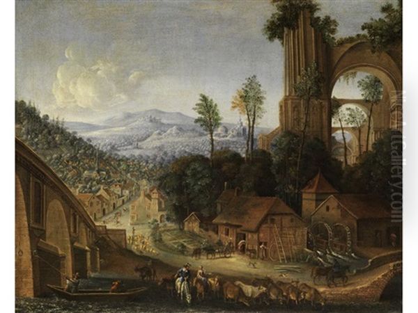 Stadtlandschaft Mit Blick Ins Tal Und Einer Grosen Kirchenruine Oil Painting by Jan Griffier the Elder