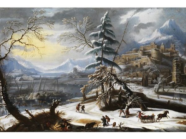 Winterlandschaft Mit Burg Und Zugefrorenem See Und Figurenstaffage Oil Painting by Jan Griffier the Elder