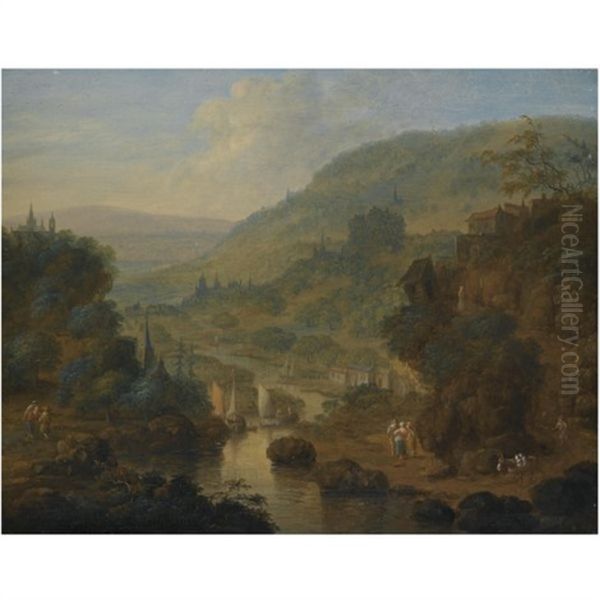 A Fluvial Landscape With Figures Conversing In The Foreground Oil Painting by Jan Griffier the Elder