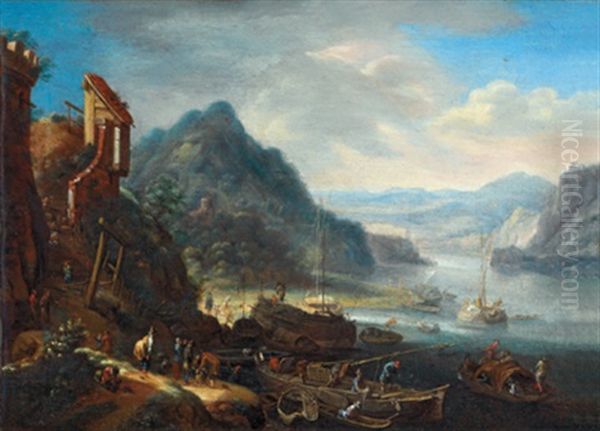 Eine Gebirgige Flusslandschaft Mit Einer Hafenszenerie Oil Painting by Jan Griffier the Elder