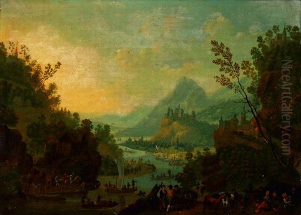 Rheinlandschaft Mit Burgen Und Reicher Figurlicher Staffage by Jan Griffier the Elder