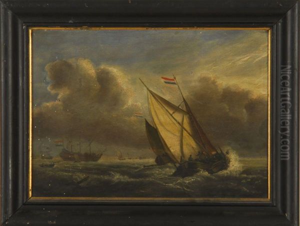 A Ship And Sailboats In Rough Water Under A Stormy Sky Oil Painting by Richard Augustin Baigent