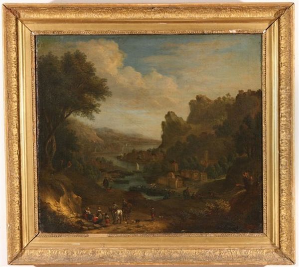 River Landscape With Figures, Boats, And Village by Jan Griffier the Elder