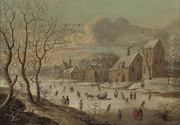 A Frozen River Landscape With Figures Playing Kolf, By A Village Oil Painting by Jan Griffier the Elder