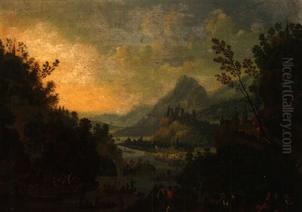 Rheinlandschaft Mit Burgen Und Reicher Figurlicher Staffage Oil Painting by Jan Griffier the Elder