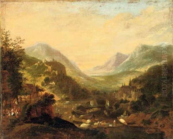 A Rhenish Landscape With Travellers And Figures In Moored Boats Near A Castle On A Hill, A Town Beyond Oil Painting by Jan Griffier the Elder