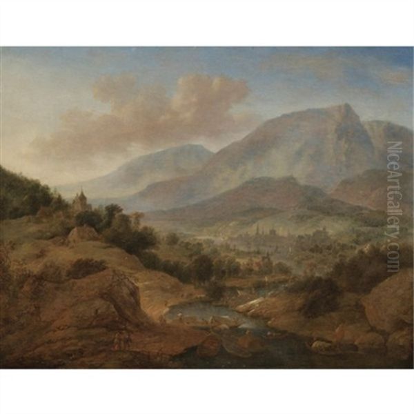 An Extensive Rhenish River Landscape, With Figures Unloading Cargo Boats In The Foreground Oil Painting by Jan Griffier the Elder