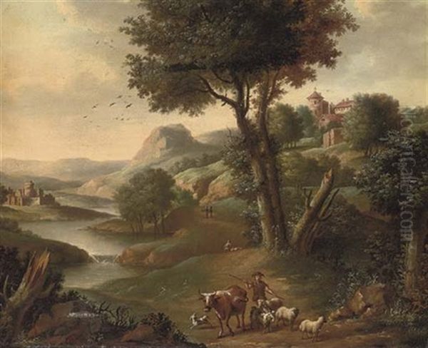 A River Landscape With A Shepherd And His Flock On A Track Oil Painting by Jan Griffier the Elder