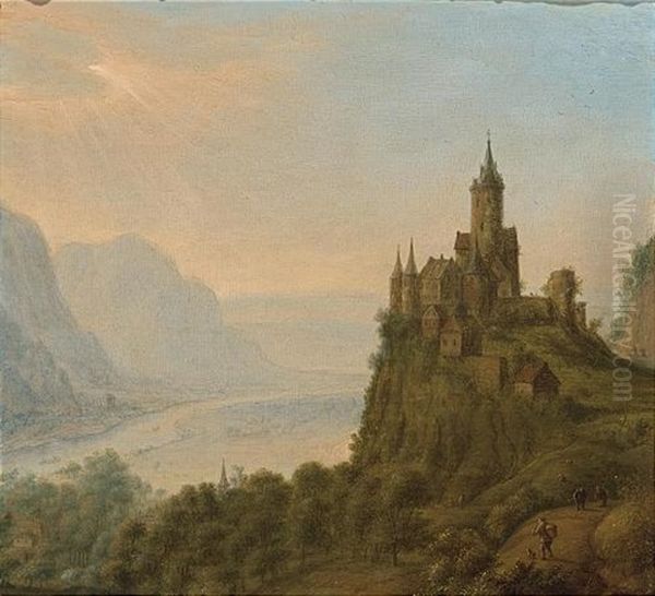 An Extensive Mountainous Landscape With A Castle On A Hill Top Oil Painting by Jan Griffier the Elder