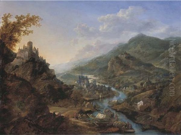 A Rhenish Landscape With Travellers And Figures On Moored Boats Near A Castle On A Hill, A Town Beyond Oil Painting by Jan Griffier the Elder