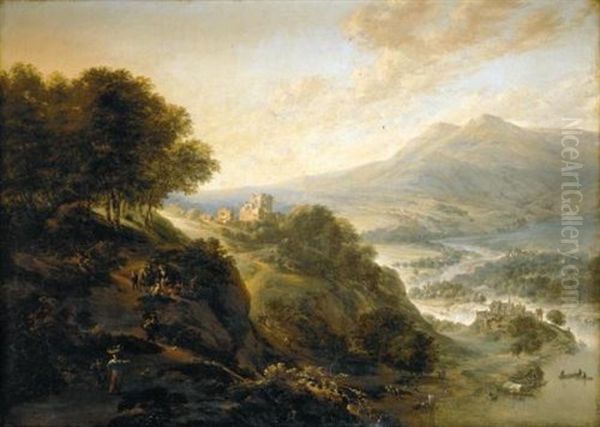 An Extensive Mountainous River Landscape With Peasants Resting By A Path, A Small Fortified Town In A Valley Beyond Oil Painting by Jan Griffier the Elder