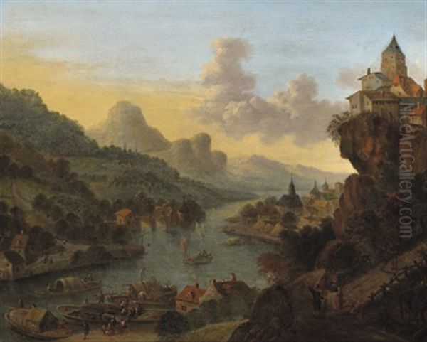 Rheinlandschaft Mit Vielen Schiffen Und Figuren Oil Painting by Jan Griffier the Elder