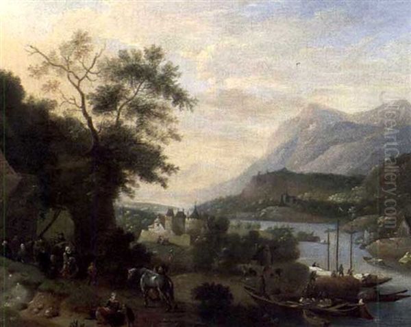 Paysage Fluvial Anime De Nombreux Personnages Oil Painting by Jan Griffier the Elder