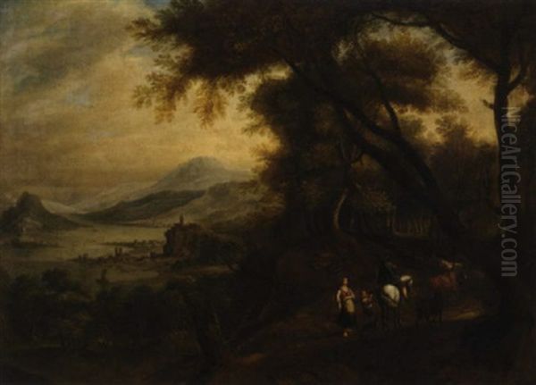 A Rhenish Landscape With Mounted Figures On A Wooded Track Oil Painting by Jan Griffier the Elder