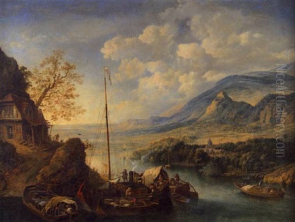 Weite Rheinlandschaft Mit Lastkahnen Und Schiffern Unterhalb Einer Kate Oil Painting by Jan Griffier the Elder