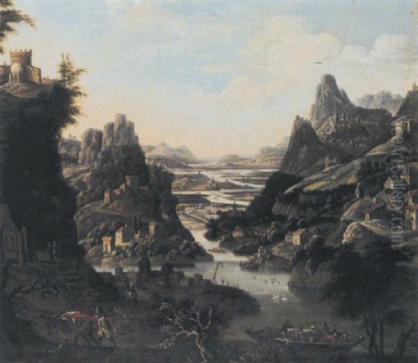 A Rhenish Landscape With A Ferry Oil Painting by Jan Griffier the Elder