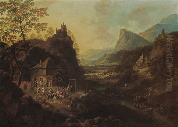 A Rhenish Mountainous River Landscape With Horsemen And Travellers Near An Inn With Castles And Villages Beyond Oil Painting by Jan Griffier the Elder