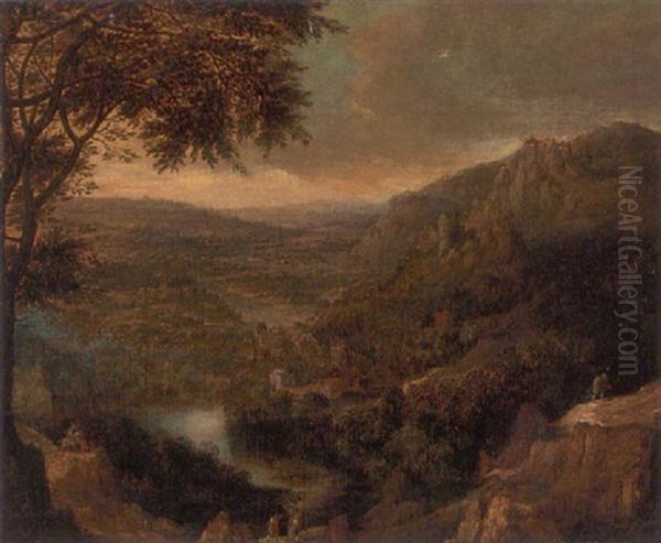 A Rhenish Landscape With Peasants On Mountain Tracks Oil Painting by Jan Griffier the Elder