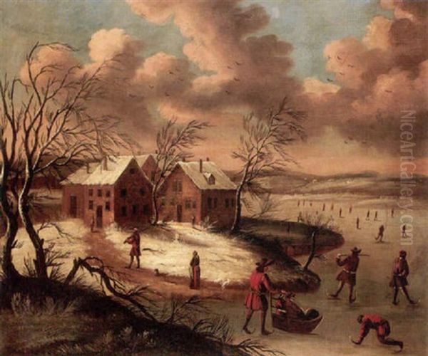 A Winter Landscape With Figures Skating On A Frozen River Before A Hamlet Oil Painting by Jan Griffier the Elder