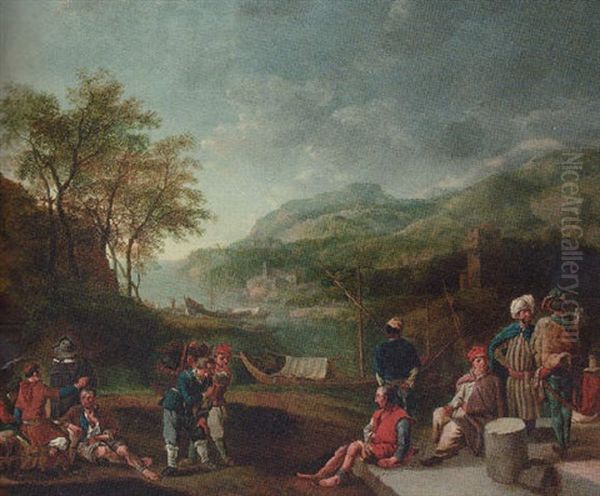 Oriental Merchants And Galley Slaves In A River Landscape Oil Painting by Jan Griffier the Elder