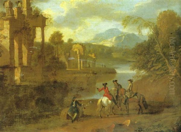 An Elegant Riding Party Conversing On A Path Near A River, Classical Ruins And A Mountain Landscape Beyond Oil Painting by Jan Griffier the Elder