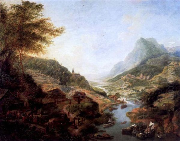 Weite Flusslandschaft Mit Lastschiffen Und Tanzenden Bauern Im Vordergrund Oil Painting by Jan Griffier the Elder