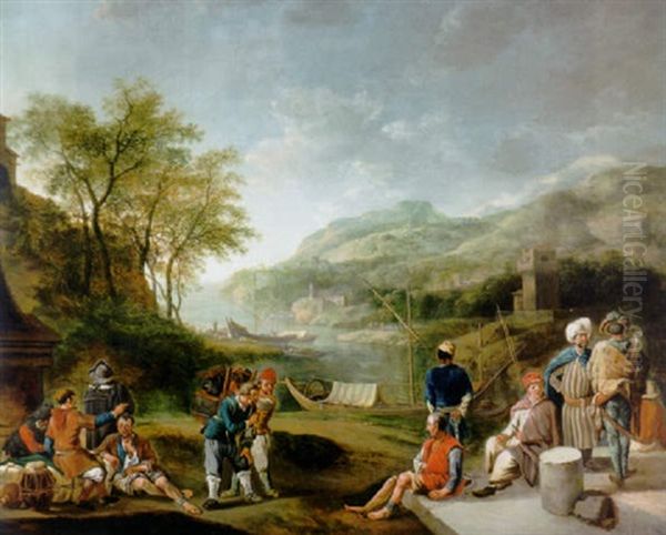 Oriental Merchants And Galley Slaves In A River Landscape Oil Painting by Jan Griffier the Elder