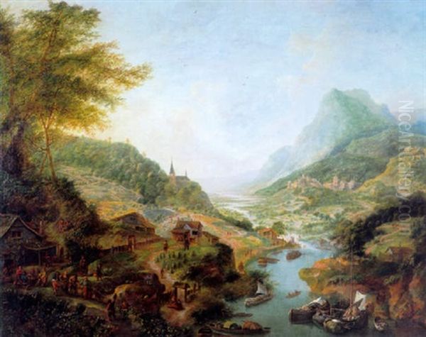 Paysage Fluvial Avec Peniches Et Paysans Oil Painting by Jan Griffier the Elder