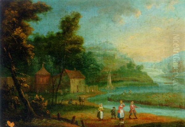 A River Landscape With Villagers In The Foreground Oil Painting by Jan Griffier the Elder