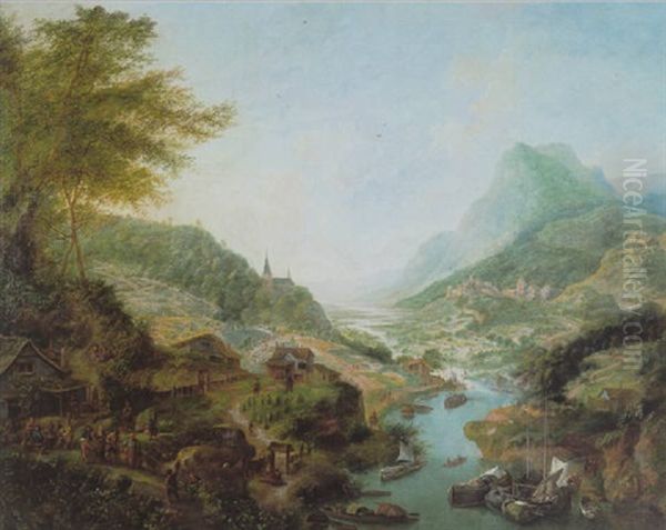 Weite Flusslandschaft Mit Lastschiffen Und Tanzenden Bauern Im Vordergrund Oil Painting by Jan Griffier the Elder