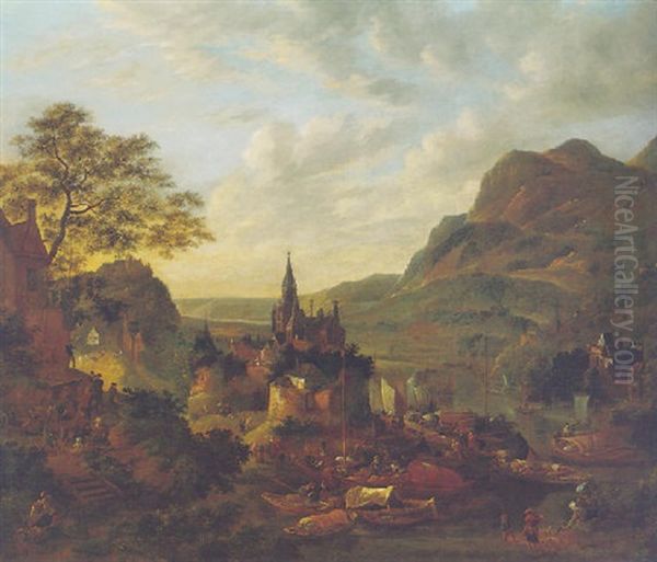 An Extensive Rhenish Landscape, With Moored Boats, A Castle And Mountains Beyond Oil Painting by Jan Griffier the Elder