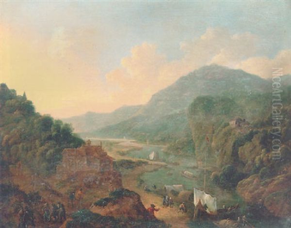 Figures And Boats In A Rocky River Valley Oil Painting by Jan Griffier the Elder