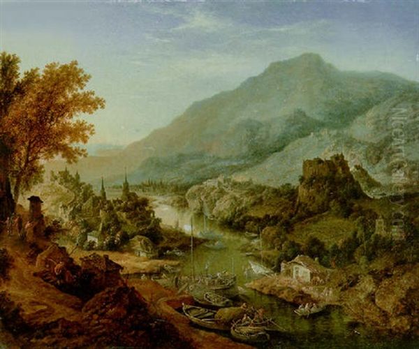 A Rhenish Lanscape With Peasants And Boats In The Foreground, A Town Beyond Oil Painting by Jan Griffier the Elder