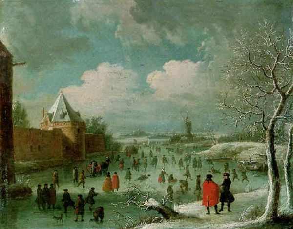 A Winter Landscape With Townsfolk Skating On A Frozen Moat Oil Painting by Jan Griffier the Elder