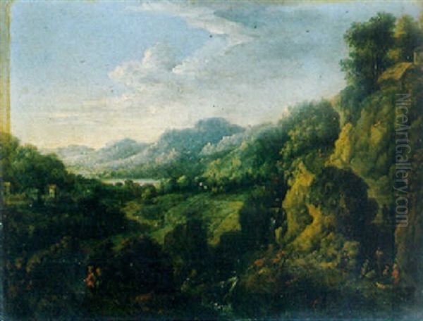 A Rhenish Landscape With Travellers On A Track By A Waterfall Oil Painting by Jan Griffier the Elder