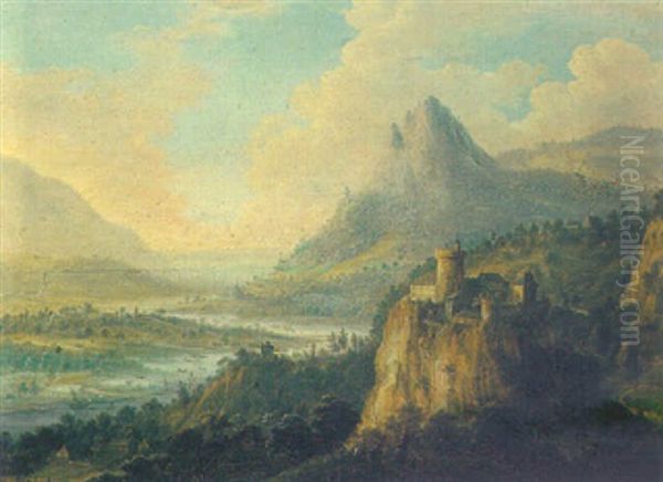 A Mosel Landscape With A Fortified Castle And Mountains Beyond Oil Painting by Jan Griffier the Elder