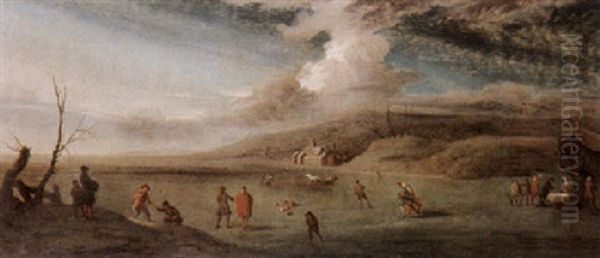 An Extensive Lake Scene With Figures Skating On The Ice, A Castle Beyond Oil Painting by Jan Griffier the Elder