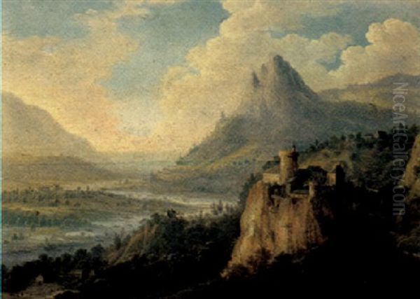 A Mosel Landscape With A Fortified Castle And Mountains Beyond Oil Painting by Jan Griffier the Elder