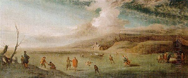 Lake Scene With Figures Skating In The Ice, A Castle Beyond Oil Painting by Jan Griffier the Elder