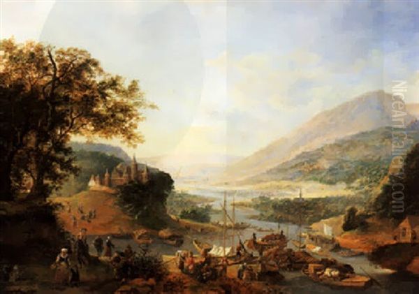 Weite Rheinlandschaft Mit Ladeschiffen, Links Auf Einem Hugel Ein Schloss Oil Painting by Jan Griffier the Elder