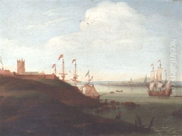 An English Coastal Estuary With Shipping Moored Near A Church And A Man-o'-war Setting Sail Oil Painting by Jan Griffier the Elder