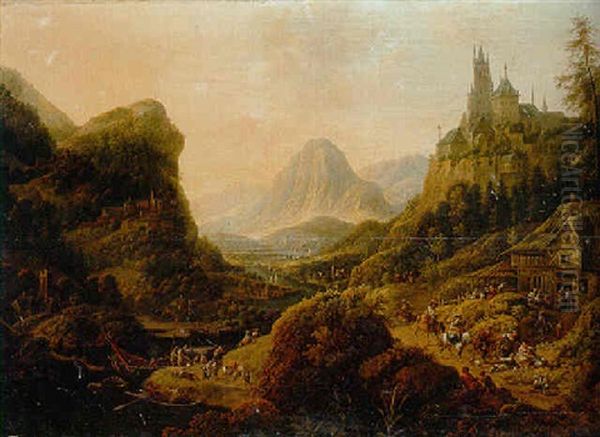 Rhemish Landscape With Numerous Boats, Peasants Outside An Inn In The Foreground, Hilltop Castle Beyond Oil Painting by Jan Griffier the Elder