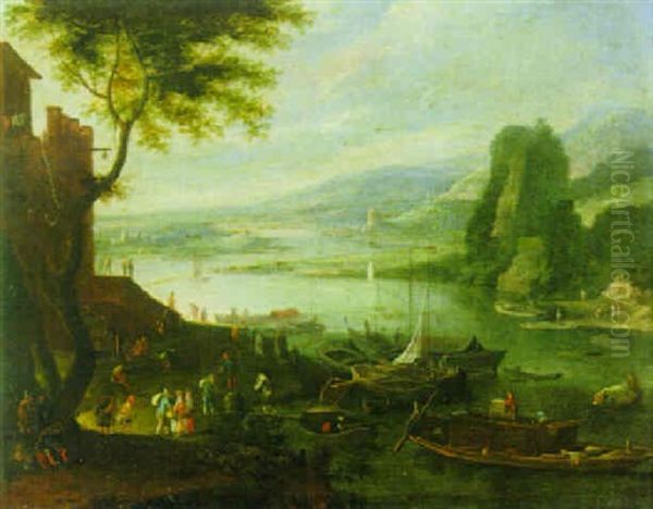 Rhenish Landscape With Figures Unloading Boats, Others Conversing On The Shore, A Castle Beyond Oil Painting by Jan Griffier the Elder