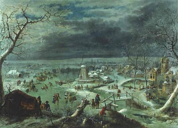 A Winter Landscape With Skaters On A Frozen Waterway By A Village, Antwerp Beyond Oil Painting by Jan Griffier the Elder