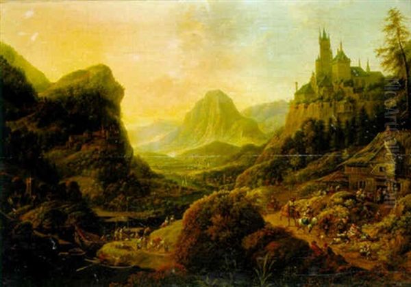 A Rhenish Landscape With Numerous Boats, A Hilltop Castle Beyond Oil Painting by Jan Griffier the Elder