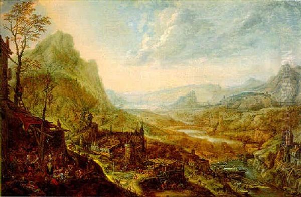 Gebirgige Flusslandschaft Mit Schiffsleuten, Haendlern Und Festgesellschaft Oil Painting by Jan Griffier the Elder